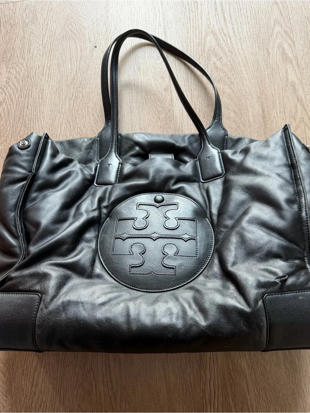 Tory Burch Black Quilted Leather Tote with Logo Medallion